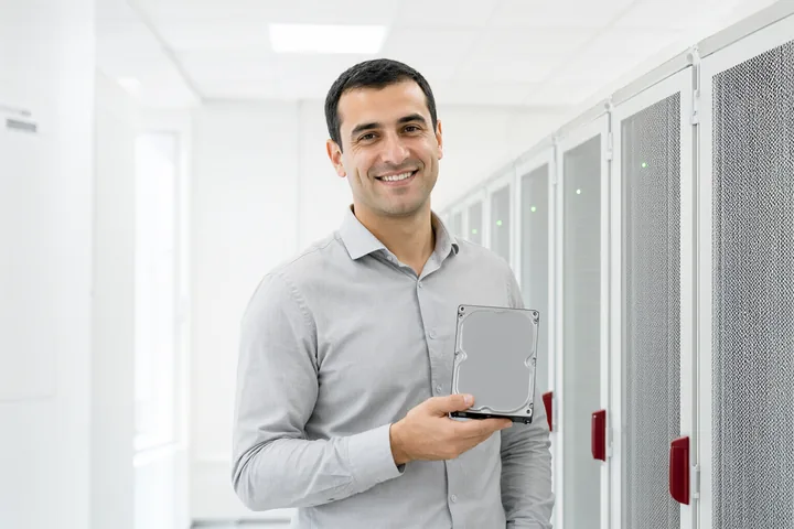 Elinde sabit diskle gülümseyen sistem yöneticisi